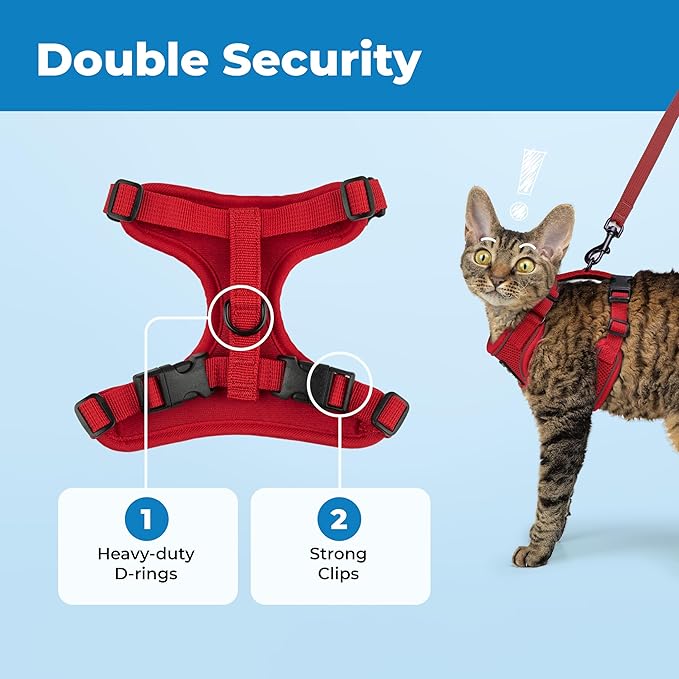 Voyager Escape-Proof Step-in Lock Cat Harness & 5ft Neoprene-Handle Leash Set All-Weather Mesh with Reflective Stitching for Small to Large Cats by Best Pet Supplies, Red (327), XXXS