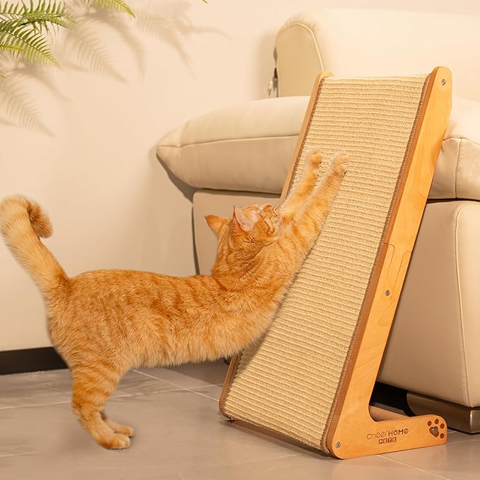 Sisal Cat Scratcher Ramp for Indoor Cats, 24.8" L Shape Scratching Post Climbing Vertical Cat Scratch Pad, Solid Wooden Cat Furniture(Medium)