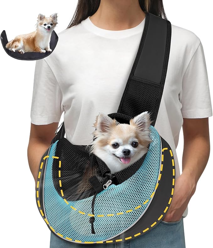 Upgraded Breathable Mesh Dog Sling Carrier for Small Dogs & Cats Up to 10 lbs- Detachable Hard Bottom, Adjustable Strap & Large Pocket - Hands-Free Pet Carrier for Travel Walking Hiking (Cyan Size S)