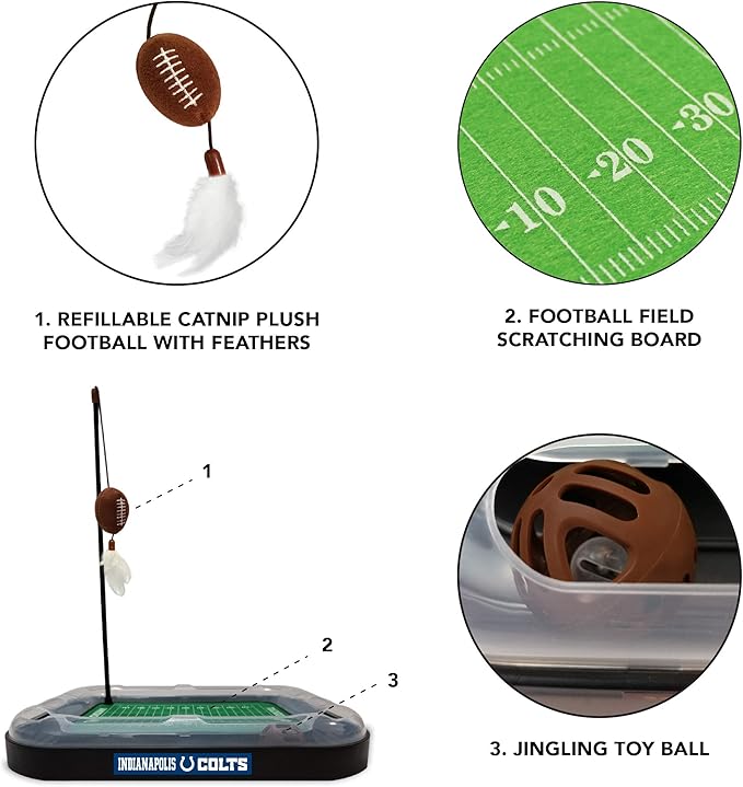 Pets First Cat Catnip Pets First Indianapolis Colts Football Field CAT Scratcher Toy with Catnip Filled Plush Football Toy&Feather Cat Toy Hanging.Jingle Bell Interactive Ball Chasing 5-in-1 Kitty Toy