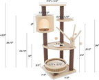 6-Tier Cat Tower- Cushioned Pet Bed, Napping Perches, Kitty Condo Hut, and Spring Arms with 3 Hanging Toys Fully Carpeted by PETMAKER (Brown/Beige)