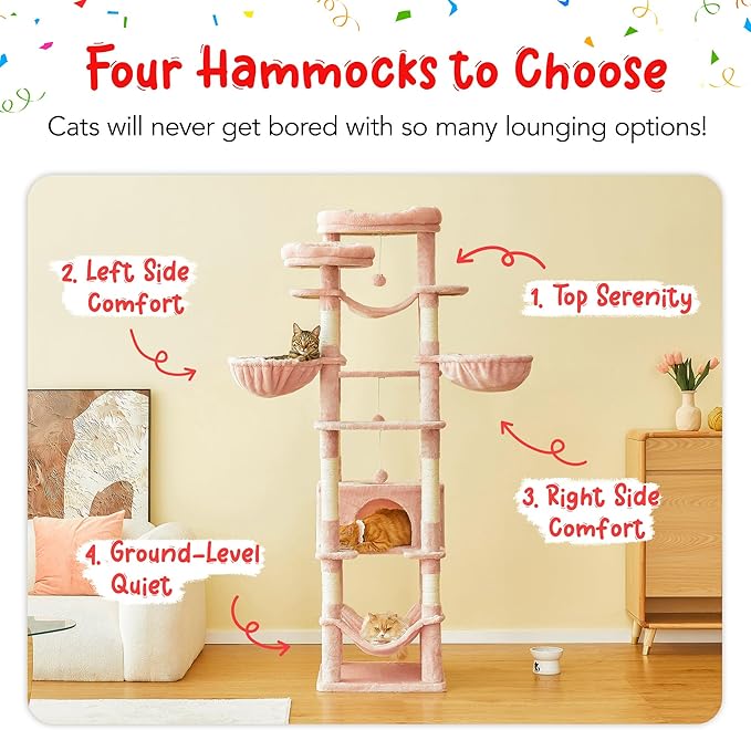 77-Inch Pink Cat Tree for Indoor Cats, Multi-Level Large Cat Tower with 4 Hammocks, 2 Padded Perches, Cat Condo, Sisal Scratching Posts and Hanging Toys for Large Adult Cat