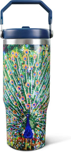 30oz Peacock Tumbler with Handle and Straw, Stainless Steel Vacuum Insulated Coffee Tumbler, Travel Mug Water Bottle, Peacock Stuff Accessories Decor, Peacock Gifts for Women