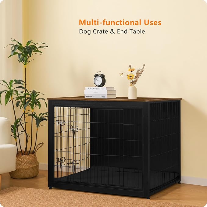 DWANTON Dog Crate Furniture with Cushion, Wooden Kennel Table with Double Doors, Indoor Dog House, Extra Large Size, 43.3" L, Black+Warm Brown
