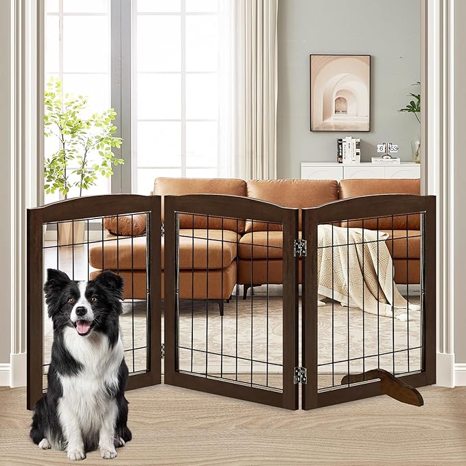 LZRS 3-Panel Freestanding Adjustable Wooden Dog Gate—30" Tall Foldable Pet Barrier with Support Feet, Chew-Resistant Solid Hardwood & Steel Wire Safety Fence for Doorways, Hallways, and Stairs, Walnut