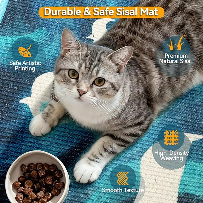 3-in-1 Sisal Cat Scratcher Mat 23.6x15.7'' Protects Carpet Couch & Furniture with Sticker Tape, Floor & Wall Cat Scratching Pad, Anti-Slip, Durable for Indoor Outdoor Cats (Blue Skyward)