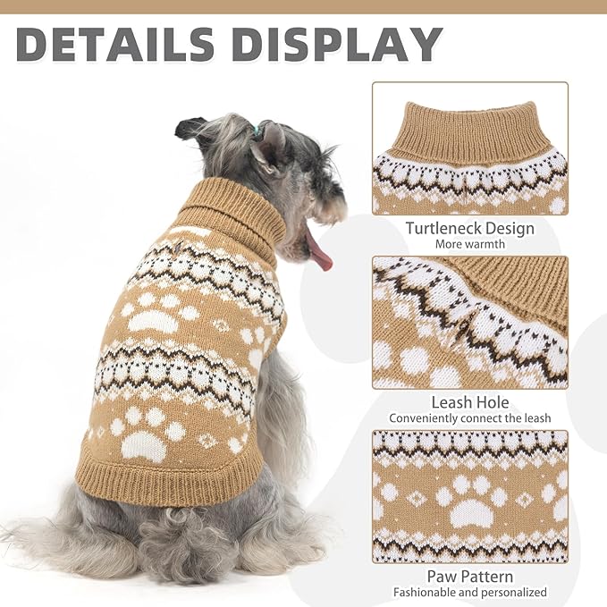 KOOLTAIL Cable Knit Dog Sweater Turtleneck, Cold Weather Pullover Classic Knitwear, Cute Paws Pattern Thick Warm Winter Pet Clothes, Dog Christmas Sweater for Small Medium Large Dogs Cats, Khaki L