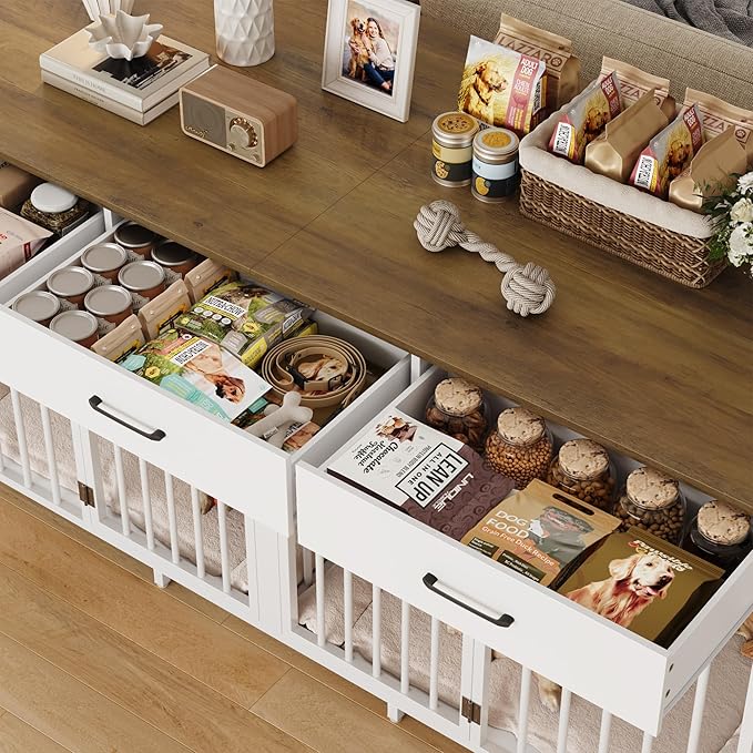 HOSTACK Double Dog Crates Furniture, 71" Wide Indoor Dog Kennel with 3 Drawers, Farmhouse Dog Cage for 2 Large/Medium Dogs, Heavy Duty Dog Crate with Removable Room Divider, Wooden Pet House, White