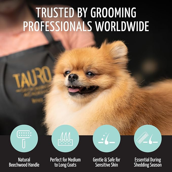 Tauro Pro Line Wooden Deshedding Dog Brush for Long Goldendoodle, Labradoodle & Poodle Hair - Mint Slicker Brush for Dog & Cat Grooming - Rectangular Flexible Cushion & Non-Slip Grip, S