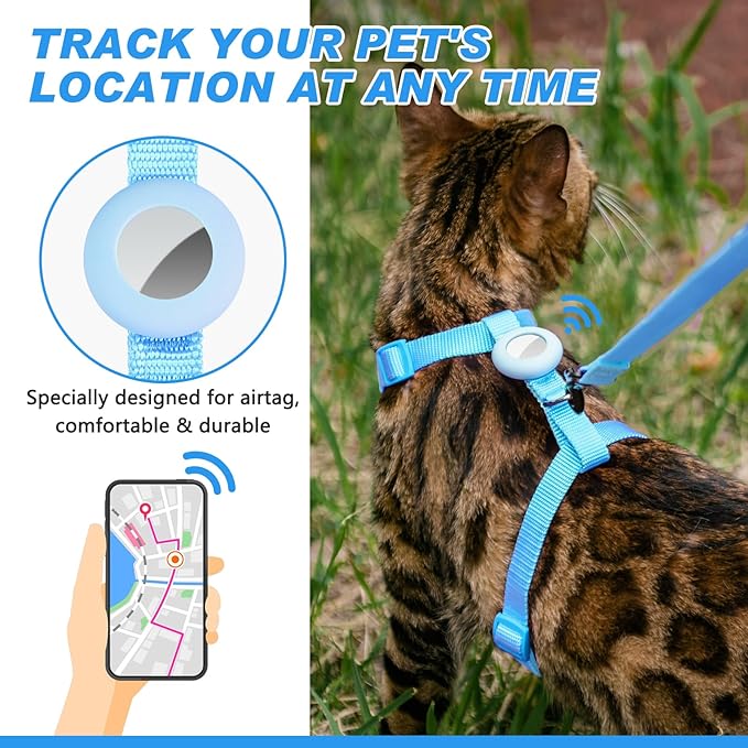 Cat Harness and Leash Set with Airtag Holder for Walking & Travelling, Escape Proof Cat Harness for Small Medium Large Kitten, Adjustable Lightweight Soft Cat Vests (Blue)