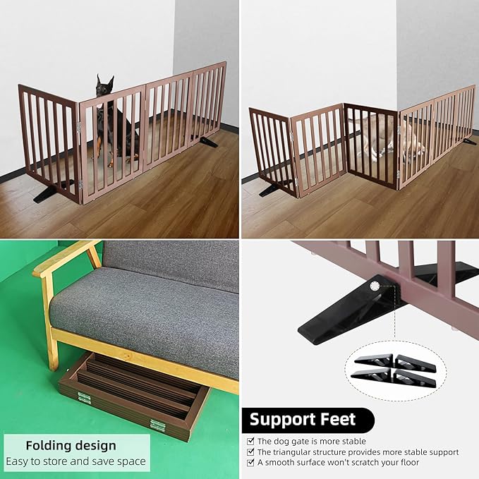ZJSF Freestanding Indoor Dog Gate for House Foldable Wood Puppy Gate for Doorways Pet Gate for Stairs Extra Wide Pet Fence, Brown, 32" Height 3 Panels