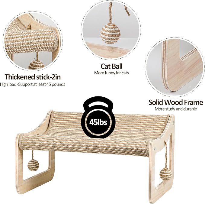 Sisal Cat Scratcher Bed for Indoor Cats,Hammock for Scratching Pad, 2 in 1 Elevated Cat Sisal Chair with 2 Toys Ball for Scratcher Lounge,Kitty Bench,Small Dog Bed,Natural Lounger Chair