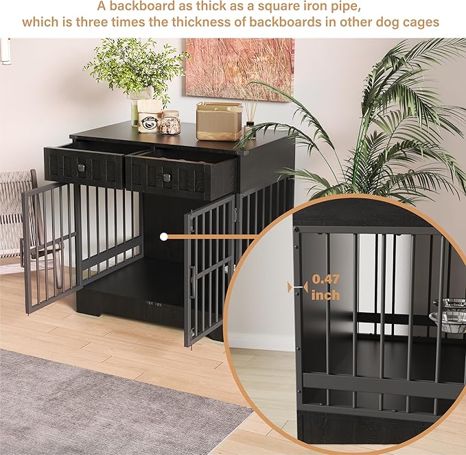 Dog Crate Furniture with 2 Drawers, 35.1" Indoor Wooden Animal Kennel with Detachable & Adjustable Feeder 2 Bowls, Large Medium Small Dog Cage End Table (Advanced Black)