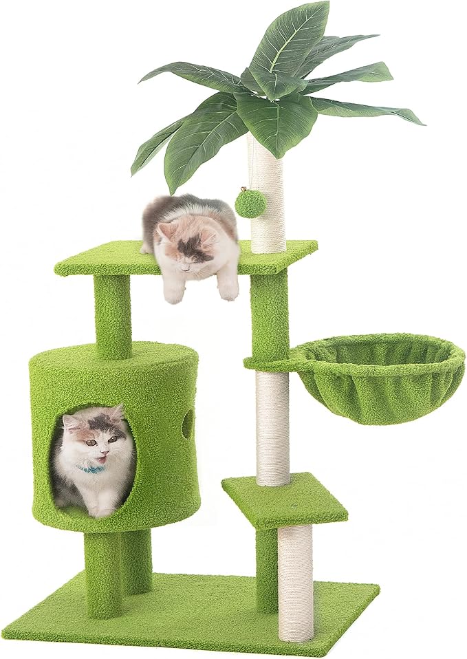 Cat Tree for Indoor Cats with Green Leaves, 40'' Cat Tower with Scratching Post, Cozy Cat Condo and Hammock, Cat Tree Tower with Hanging Ball and Bell for Kittens
