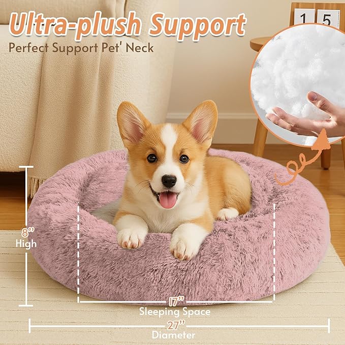 JOLLYVOGUE Calming Dog & Cat Bed for Small Dogs, Anti-Anxiety Donut Cuddler Cozy Soft Round Bed with Anti-Slip Bottom, Fluffy Faux Fur Plush Cushion Beds for Small Medium Dogs (27")
