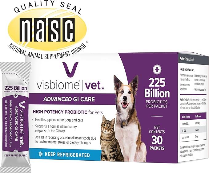 Visbiome® Vet Advanced GI Care High Potency Probiotic for Dogs & Cats – 225B CFU, 8-Strain Formula – Refrigerated, Veterinarian Recommended, Clean Label Certified – 90 Packets