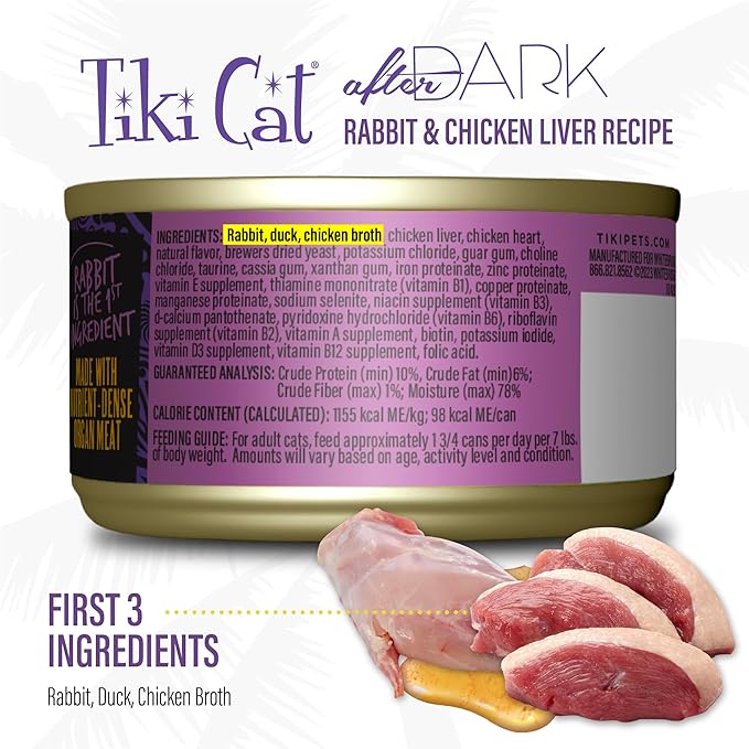 Tiki Cat After Dark Soft Pate, Rabbit & Chicken Liver, High-Protein and 100% Non-GMO Ingredients, Wet Cat Food for Adult Cats, 3 oz. Can (12 Count)