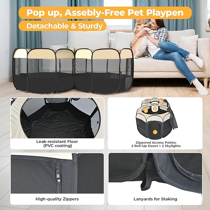 2-in-1 Pop Up Cat Playpen, Detachable into 2 Separate Pens, Assembly-Free Portable Puppy House Collapsible Dog Crates Pet Pen Tent Kennel Kitten Enclosure Cage Indoor Outdoor Foldable(M)