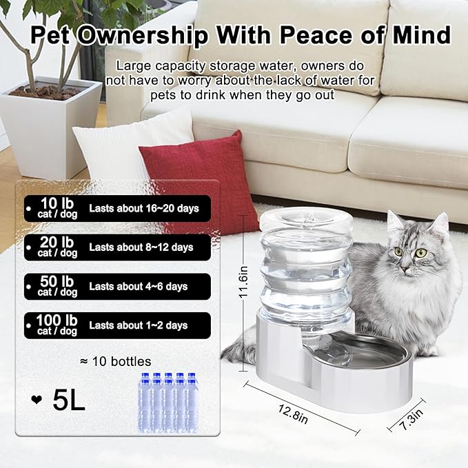 RIZZARI Automatic Dog Water Bowl Dispenser: 5L Upgraded Gravity Stainless Steel Cat Water Dispenser, Water Feeder with Two Caps and Filters for Pets Indoor/Outdoor Use by Owners (5L+)