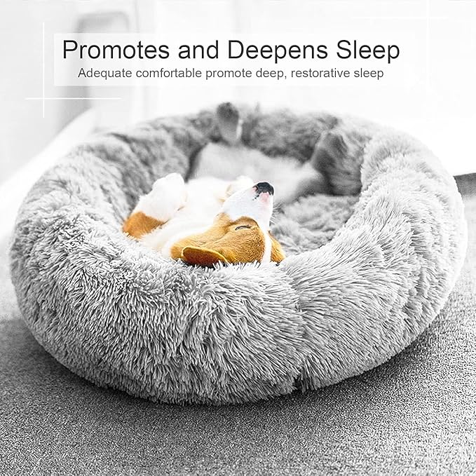 Dog Bed, Cat Calming Bed, Faux Fur Pillow Pet Donut Cuddler Round Plush Bed for Large Medium Small Dogs and Cats (Light Grey, 49.0" L x 38.0" W x 7.0" Th)