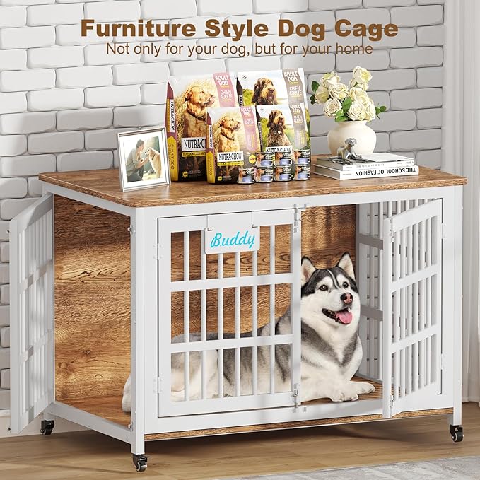 EasyCom 48"/42"/33" XXL Heavy Duty Dog Crate Furniture with Casters, Dog Kennel Indoor for Large Dogs, Escape-Proof and Chew-Proof Dog Cage for high Anxiety Dog, Decorate House as TV Stand, End Table