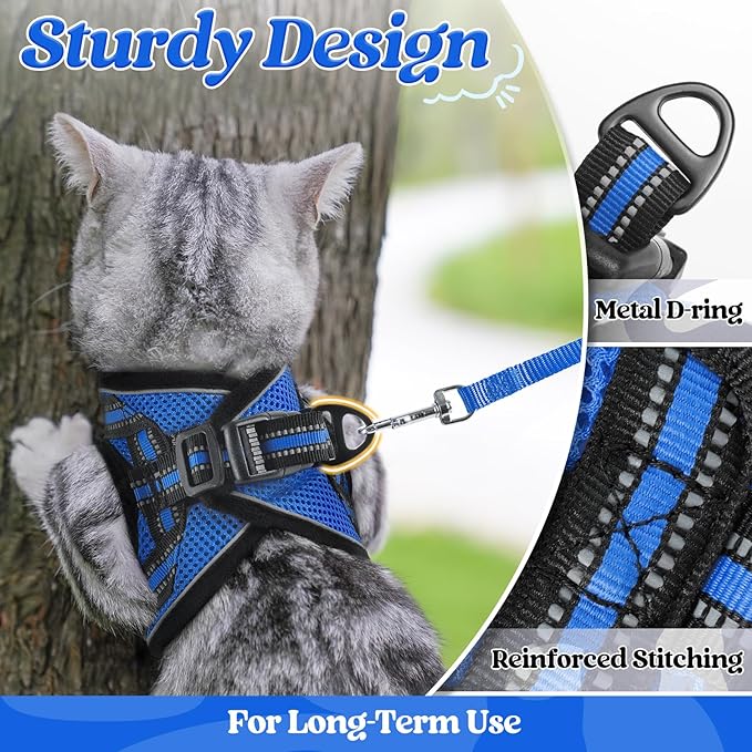 rabbitgoo Cat Harness and Leash Set for Walking Escape Proof, Adjustable Soft Kittens Vest with Reflective Strip for Cats, Comfortable Outdoor Vest, Blue, S