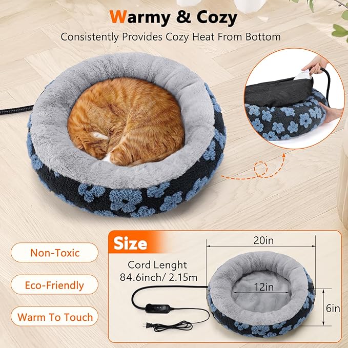 INVENHO Heated Cat Bed, Heated Cat Beds for Indoor Cats and Small Dogs, 20" Cozy Donut Heated Pet Bed with Timer & Temp Adjustable, Removable Waterproof Electric Warming Bed for Indoor Cat