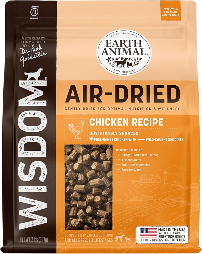 Earth Animal Wisdom Air Dried Dog Food | Chicken Recipe Premium Natural Dog Food | All Breeds & Ages | Made in The USA | 2 Pound Bag