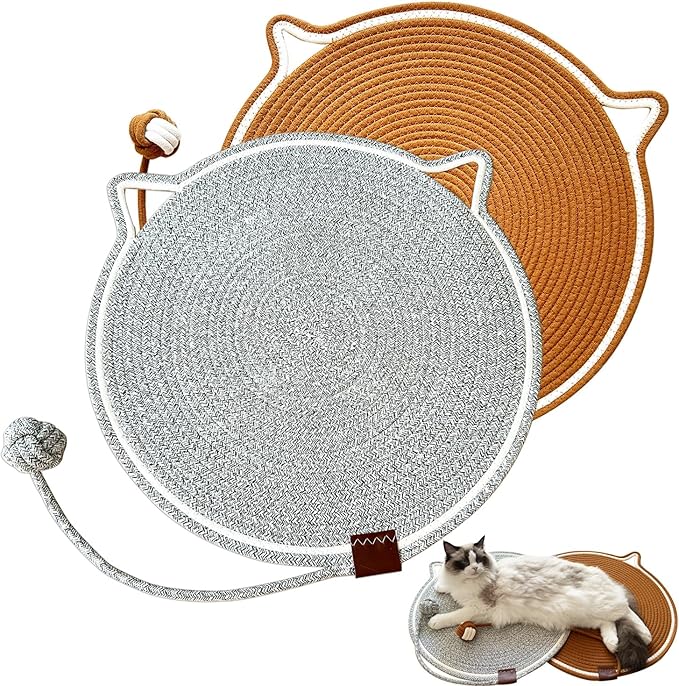 Cat Scratching Mat Natural Cotton Rope Cat Scratching Pad, Large Size Scratcher Mat with Toy (2 Packs 19.6'') (Grey + Brown)