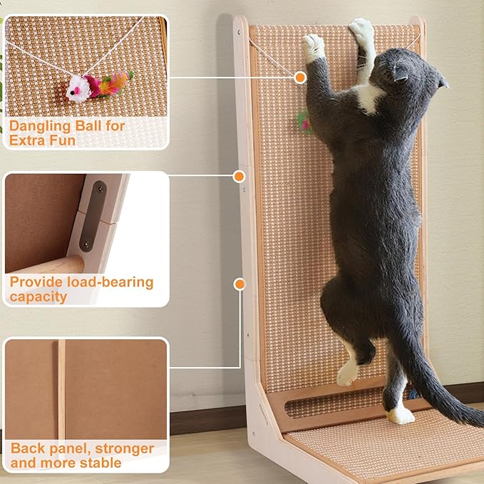Sisal Cat Scratchers for Indoor Cats, 26.8'' L-Shape Cat Scratching Board, Large Cats Scratching Posts to Protect Furniture, Solid Wooden Cats Scratch Pad with Mouse Toy(Vertical Scratcher)