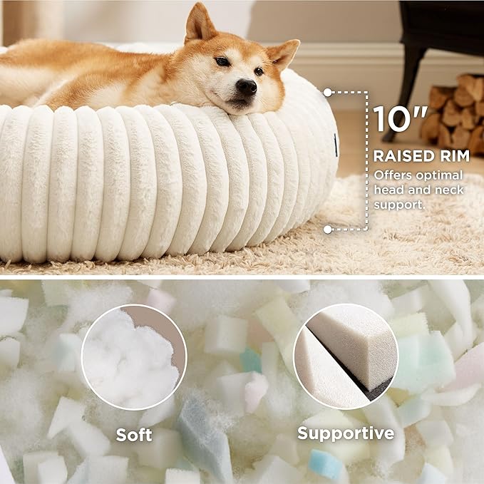 Bedsure Donut Large Dog Bed - Washable Faux Fur Dog Beds Large Sized Dog with Corduroy Fleece & Anti Slip Bottom, Round Pet Beds with Removable Cover, Cream, 36x36x10 inches