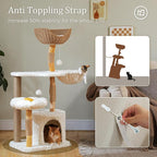 PETEPELA Cat Tree for Large Cats, 48.5" Natural Solid Wood Cat Tower with Big Rattan Basket, Cozy Condo & Flower Cat Tree with Large Perch for Indoor Cats, Kittens, White