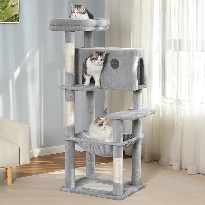 54” Cat Tree with Big Hammock 21x17” Adult Cat Tower with Scratching Posts Featuring Large Top Bed, Scratcher Pad, Spacious Condo House and Detectable Ball for Indoor Cats-Large Gray