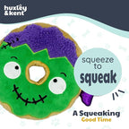 Huxley & Kent Halloween Funny Dog Toy w/Squeaker – Power Plush Squeaky Dog Toys for Small, Medium & Large Dogs – Soft Stuffed Animal for Indoor Play & Fetch - Frankenstein Donut, One Size