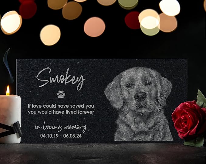 In Loving Memory Pet Memorial Stone w/ Engraved Image: Dog, Cat, Puppy, Kitten Grave Marker for Backyard, Garden Tribute, Cemetery Tombstone, Graveside Ornament, Burial Marker