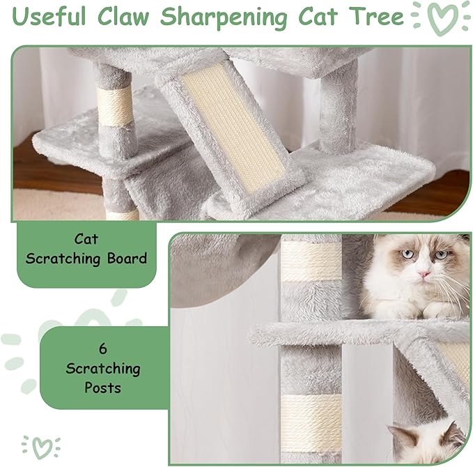 Cat Tree, Multi-Level Cat Tower for Indoor Cats, Cat Condo with Cat Scratching Post and Board, Cat Hammock, Light Gray GCT011W