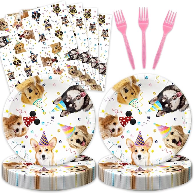 48Pcs Dog Pawty Birthday Party Decorations Dog Theme Party Decorations with Puppy Birthday Baby Shower Forks Plates and Napkins Supplies