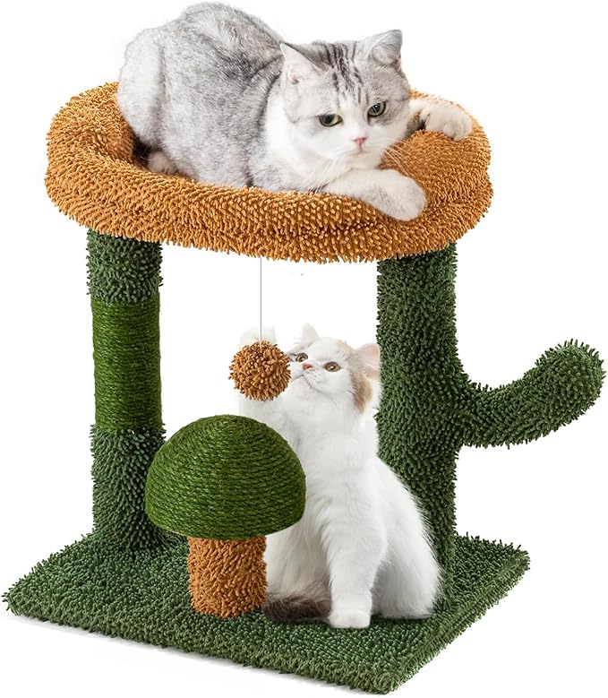 Cactus Cat Scratching Posts for Indoor Cats, Sisal Cat Scratcher with Play Ball, 20”Small Cat Tree Tower and Mushroom Scratch Post for Kitten, Green