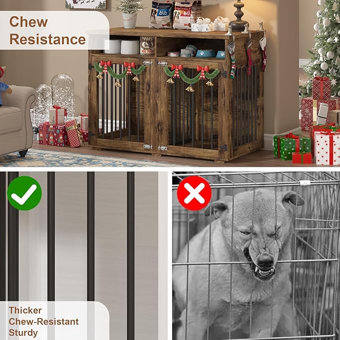 Furniture Dog Crate for Two Dogs, 41 Inch Furniture Style Dog Kennel with Removable Divider and Thickened Desktop, Heavy-Duty Base for Small to Medium Dogs, Rustic Brown