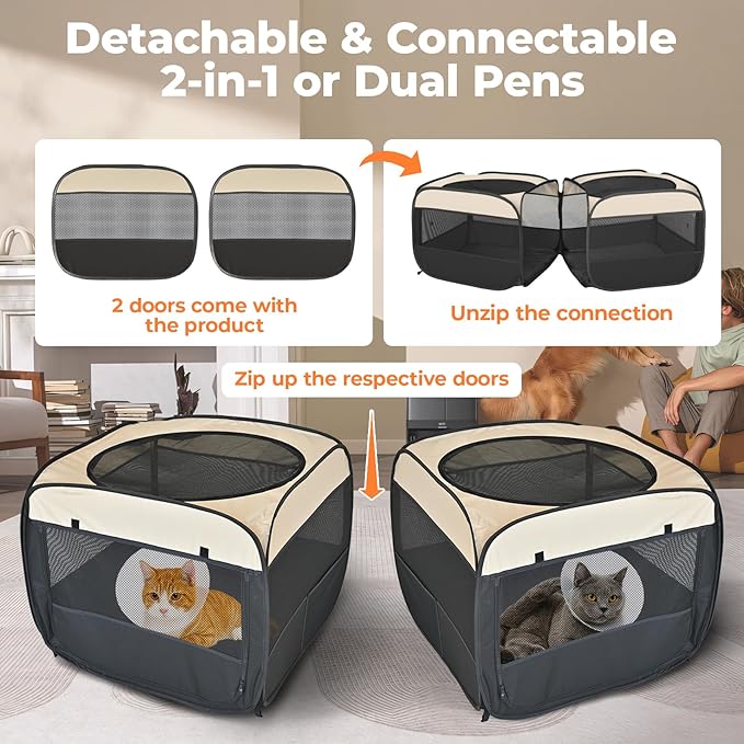 2-in-1 Pop Up Cat Playpen, Detachable into 2 Separate Pens with Additional Doors, Assembly-Free Portable Dog Crates Pet Pen Tent Kennel Kitten Puppy Enclosure Cage Indoor Outdoor Foldable Condo(M)