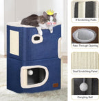 YITAHOME 2-Tier Cat House, Indoor Cat Cave Bed Playhouse, Cat Tunnels with Scratch Pad and Hideaway Cube, Cute Modern Cat Condo Furniture for Multi Small Cats, Extended (Blue)