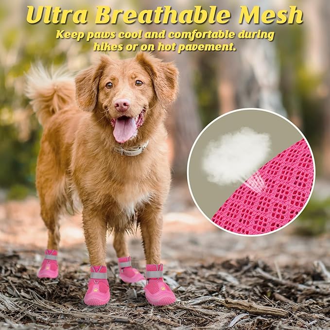 LUCKYPAW Dog Shoes for Large Medium Dogs, Breathable Dog Boots for Hot Pavement, Paw Protectors for Summer Walking Hiking Winter Snow Outdoor, No Slip Reflective Booties for Hardwood Floor-Hot Pink, 4