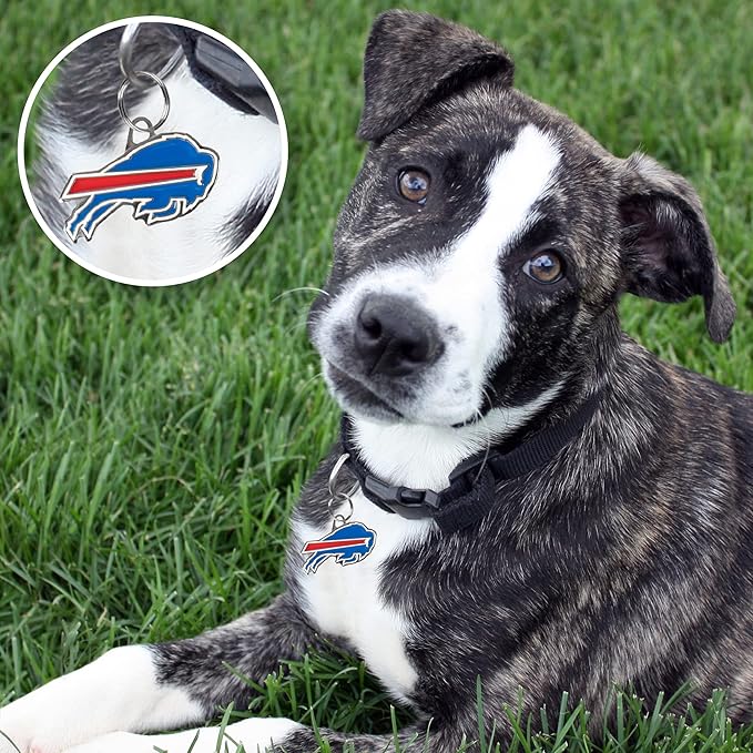 NFL Buffalo Bills Engraving Pet ID Tags in 32 Team Logo Shapes Personalized Dog Tags and Cat Tags with 3 Lines of Customizable Text for Tracking & Safety. Stainless Steel Pet ID Tracking Tags