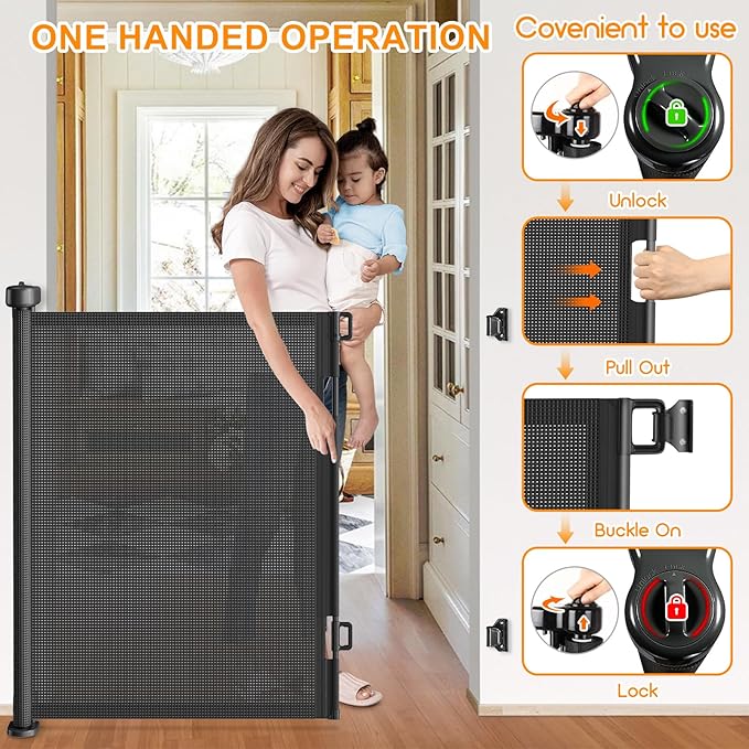120 Inch Retractable Baby Gates Extra Wide, 41 Inch Reinforced Extra Tall Gate for Large Openings, Mesh Safety Gate for Kids Pets, Retractable Dog Gate for Stair Hallways Doorway Indoor Outdoor, Black