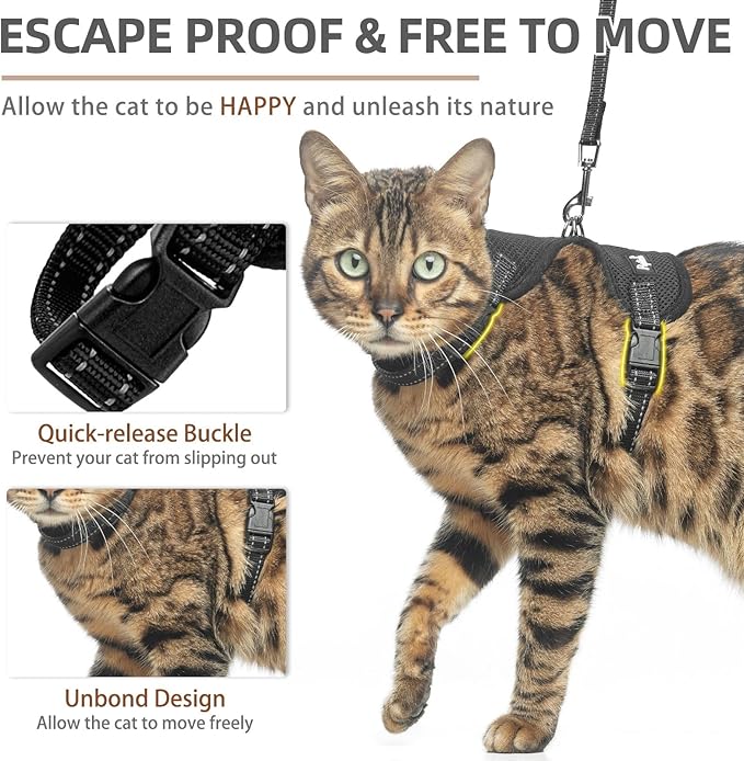 PUPTECK Cat Harness and Leash Set Escape Proof, Reflective Adjustable Soft Mesh Kitten Vest Harness for Walking Travel, Black, S