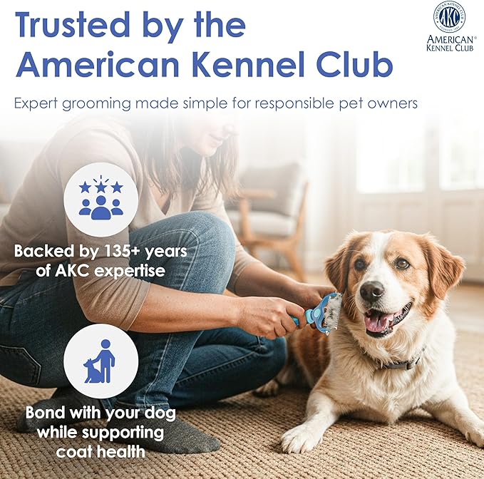 AKC-Dog & Cat Detangle Rake Style Brush | Durable & Effective | Anti- Slip & Easy Maintenance | Portable & Easy to Use | Stainless Steel Blades & Safety Guard | Detangling and Dematting Comb for Pets