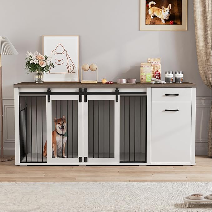 Large Dog Crate Furniture Large Breed,71 Inch Wooden Dog Crate with Tilt Out Trash Cabinet,Drawers,Divider and Sliding Barn Door, Double Doors Dogs Crate for 2 Dogs (White)