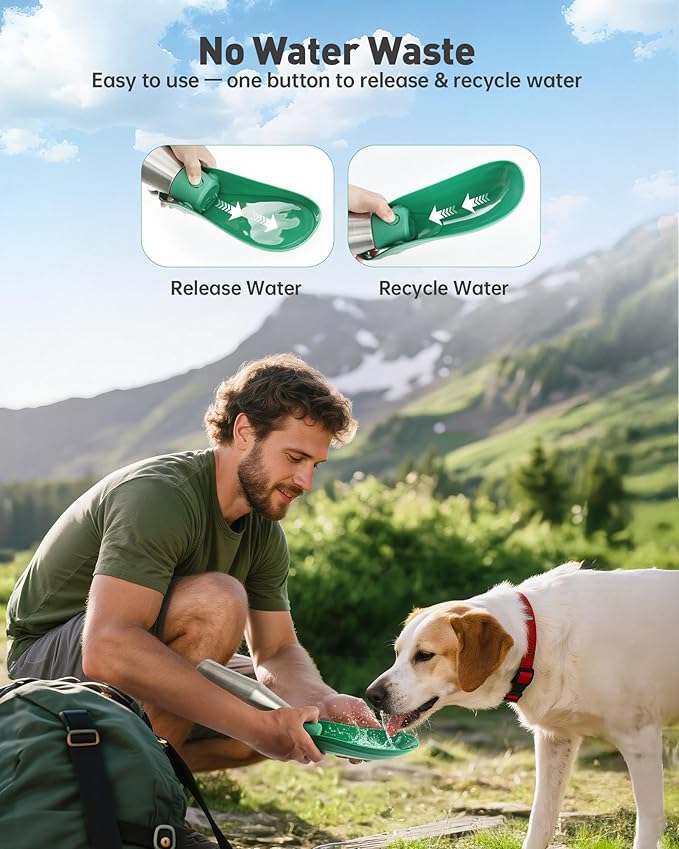 Stainless Steel Dog Water Bottle - 27 oz Portable Travel Dog Bottle & Bowl, Leak Proof Stainless Steel Metal Pet Water Bowl Dispenser for Camping, Hiking, Traveling, Walking (27oz, Green)