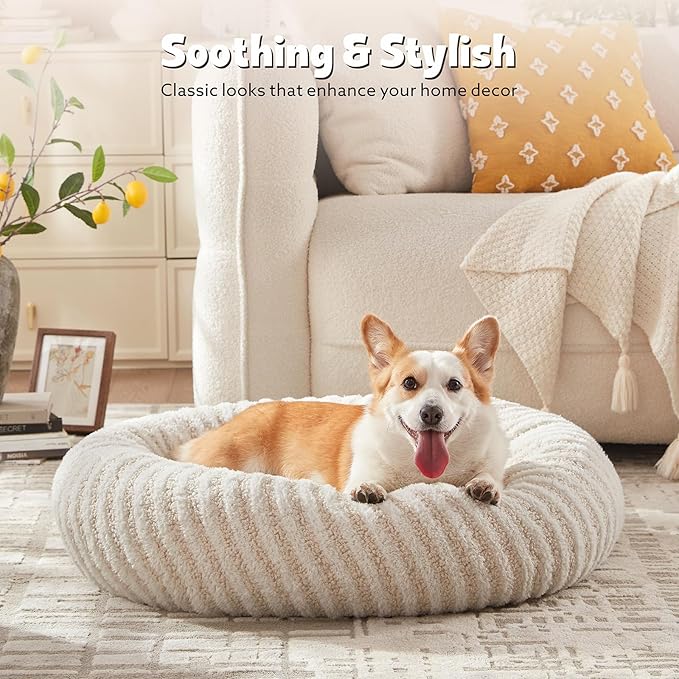MIXJOY Donut Dog Bed for Small Dogs, Washable Donut Small Puppy Bed, Round Cat Beds with Anti Slip Bottom, Calming Dog Beds with Removable Zipper Cover, 23"x23"x8", White