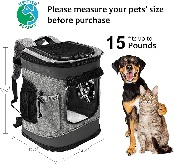 Kritter Planet Pet Carrier Backpack for Cats Dogs, Breathable Pet Backpack with 4 Mesh Window, Portable Pet Carrier for Camping